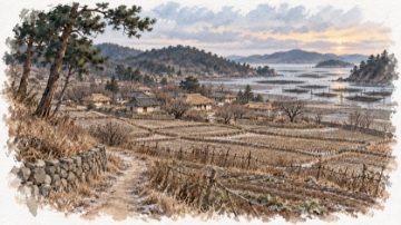 겨울 안면도의 빈 논과 갯벌, 수평 지주식 김 양식장