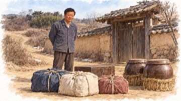 떠날 준비를 마친 보퉁이와 항아리, 흙마당에서 짐을 살피는 배병희