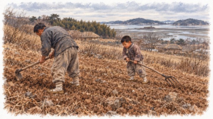 겨울 황토 돌밭을 괭이로 일구는 아버지와 큰 네발 쇠스랑을 잡은 여섯 살 배병희