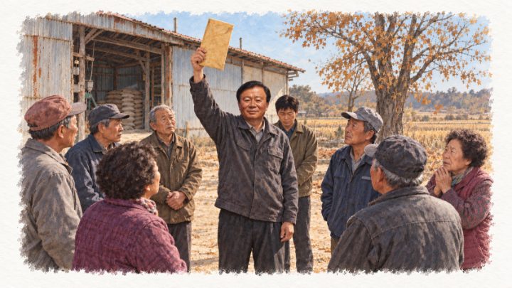 누런 땅문서 봉투를 머리 위로 들고 이웃 농민들에게 볏값 지급을 약속하는 배병희