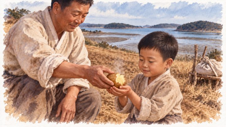 비탈밭에서 아버지가 여섯 살 배병희에게 감자를 건네는 순간