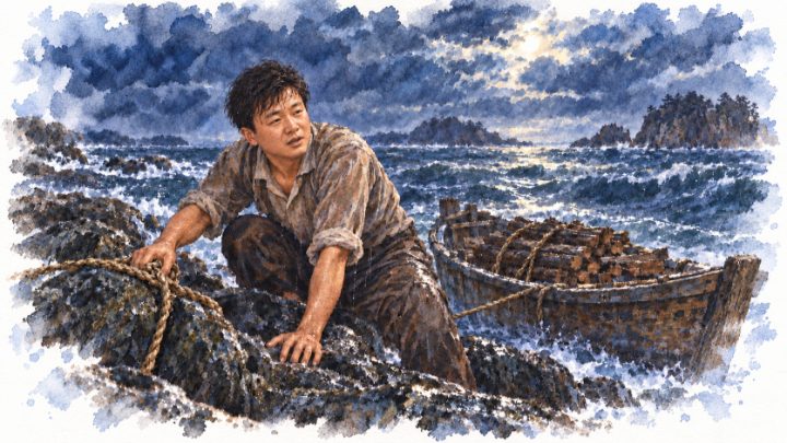 수채화로 그린 죽도 갯바위에 닿아 젖은 목선을 묶고 숨을 고르는 청년 배병희