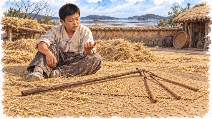 세 가닥 도리깨를 내려놓고 타작 뒤 상처 난 손을 살피는 소년