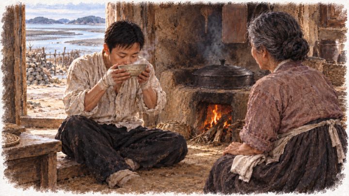 폭풍을 견디고 귀가한 청년이 어머니 곁에서 뜨거운 숭늉 사발을 두 손으로 받쳐 마시는 아침