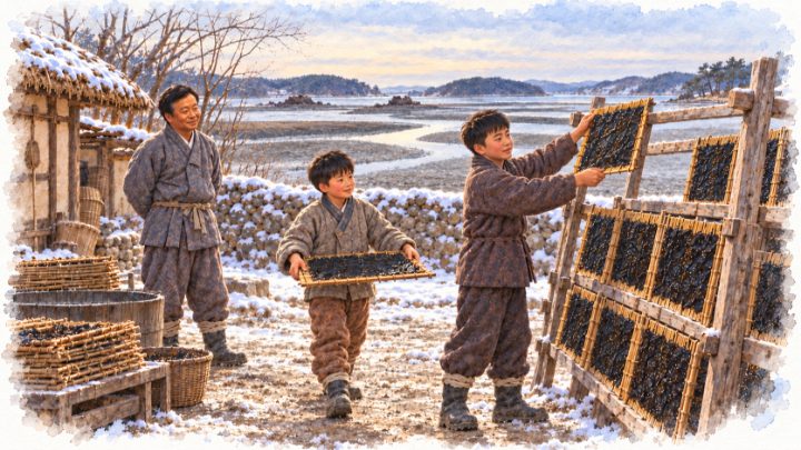 겨울 김 공장에서 젖은 김발을 옮겨 거는 두 아들과 배병희