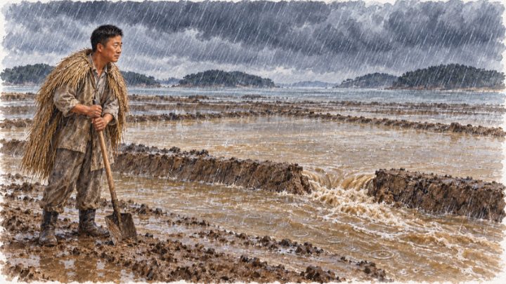 장대비 속 우장을 걸치고 삽을 든 배병희와 물살에 터진 염전의 흙둑