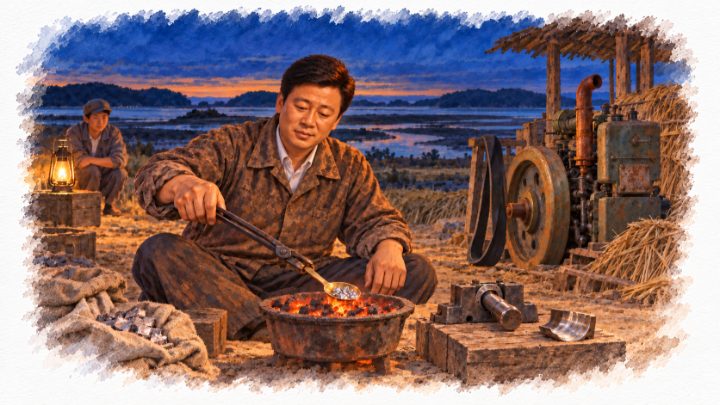 어두워진 들판에서 집게로 놋숟가락을 잡아 숯불에 납을 녹이는 배병희
