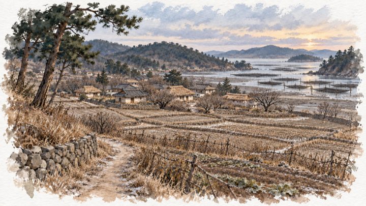 겨울 안면도의 빈 논과 갯벌, 수평 지주식 김 양식장