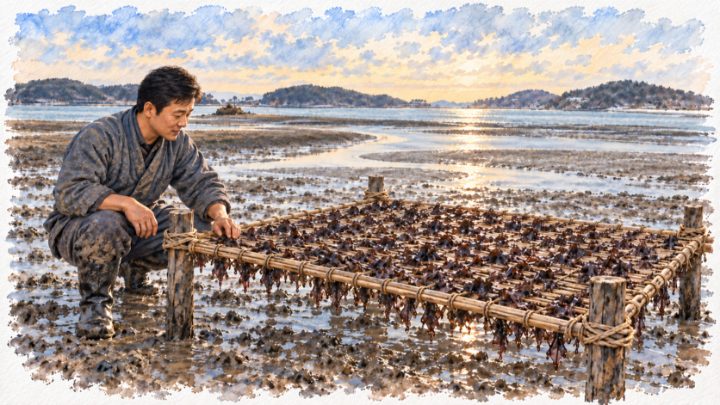 아침 햇살에 드러난 대나무 김발의 검푸른 생김