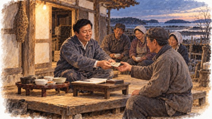 저녁밥을 마친 일꾼에게 장부에 따라 두 손으로 품삯을 건네는 배병희