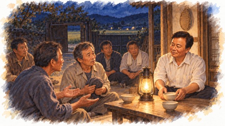 밤 집을 찾아온 농민 다섯에게 정미소 인수 부탁을 듣는 배병희