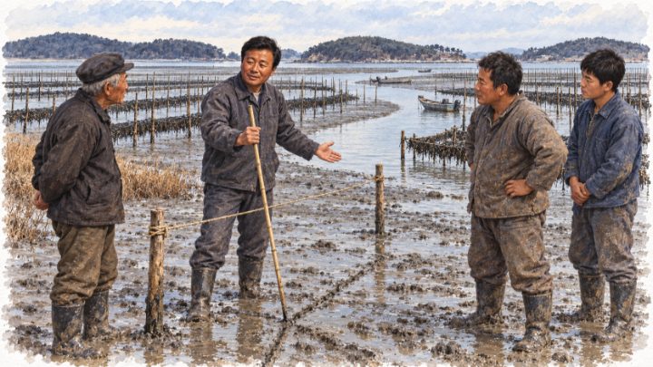 갯골에 말뚝과 새끼줄로 경계를 정하고 김밭을 공평하게 나누는 어촌계장 배병희