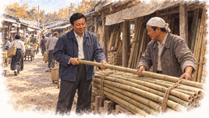 광천 장터 목재전에서 대나무 단을 살피는 배병희와 도매상