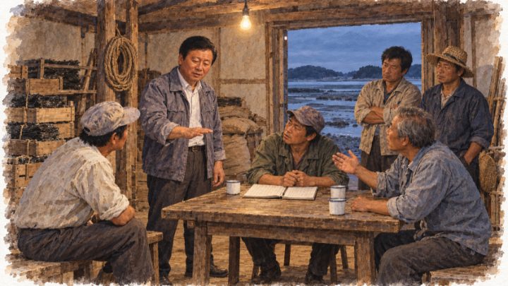 저녁 포구 창고에서 북쪽 방조제와 물길 변화를 걱정하며 어촌계원들과 논의하는 배병희