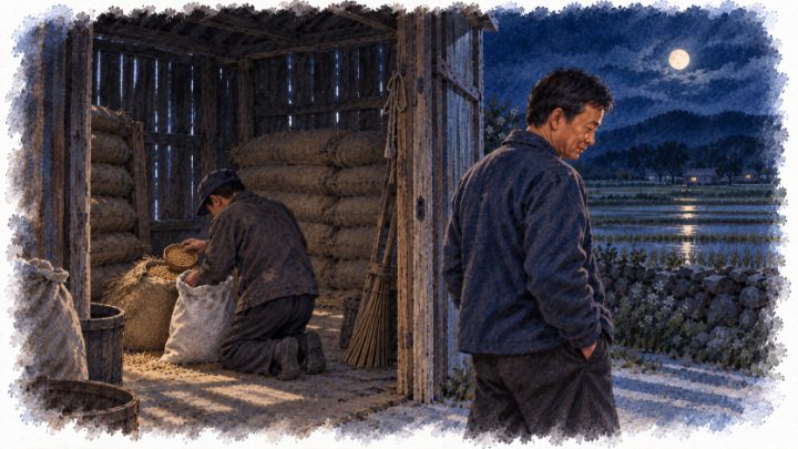 수채화로 그린 봄밤 볍씨를 자루에 담는 이웃을 보고 조용히 돌아서는 배병희
