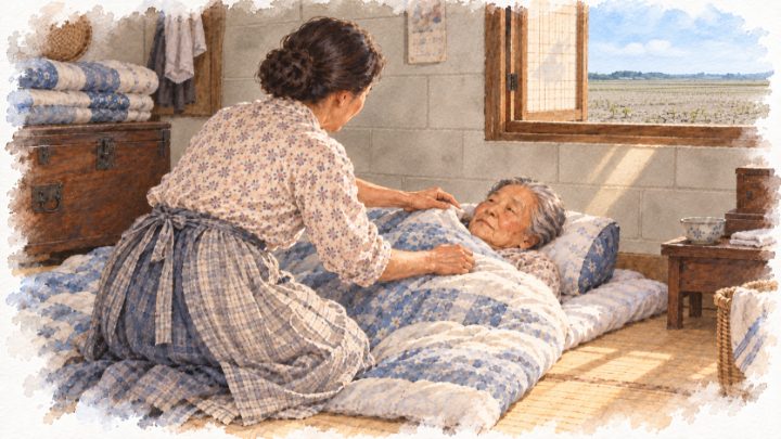염해 논이 보이는 블록집에서 노모의 이불을 여미는 아내