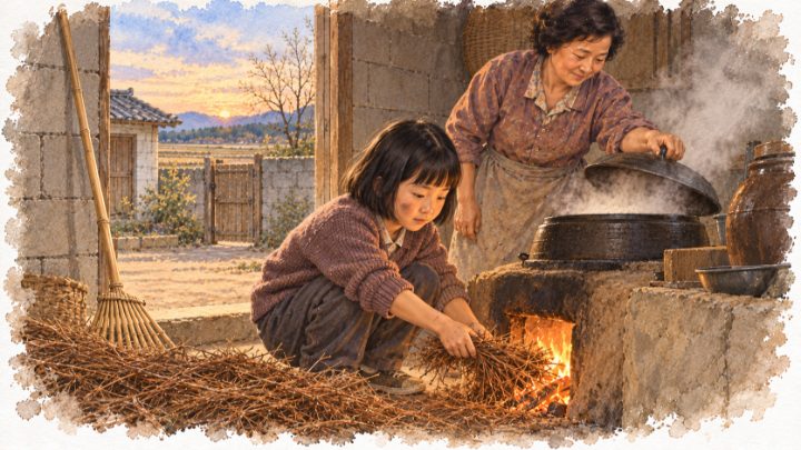 모아 온 솔잎을 아궁이에 밀어 넣는 작은딸과 밥솥 뚜껑을 여는 어머니
