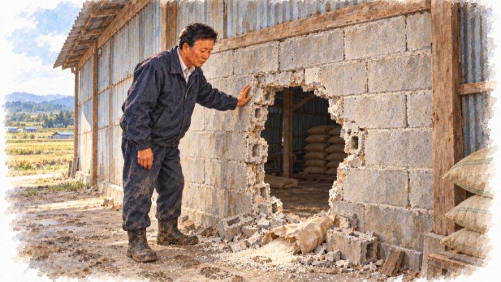 쌀과 트럭이 사라진 뒤 창고의 뚫린 벽을 확인하는 배병희