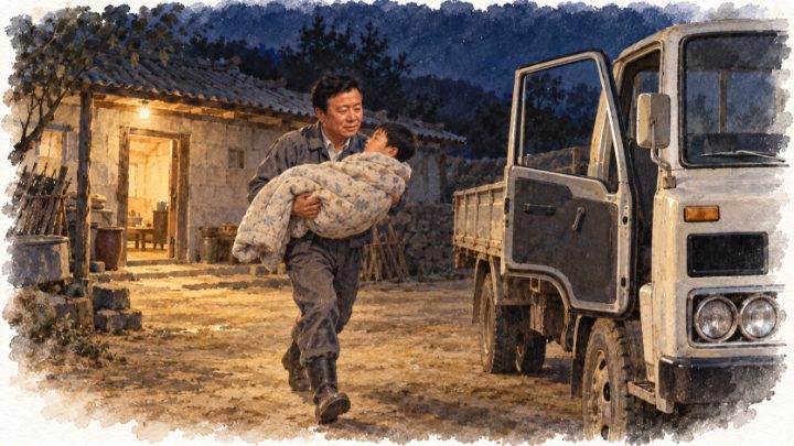 밤 아픈 아이를 이불째 안아 트럭으로 향하는 배병희