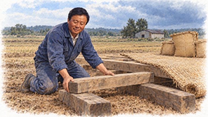 각목과 짚 멍석으로 짜는 야적장 바닥틀