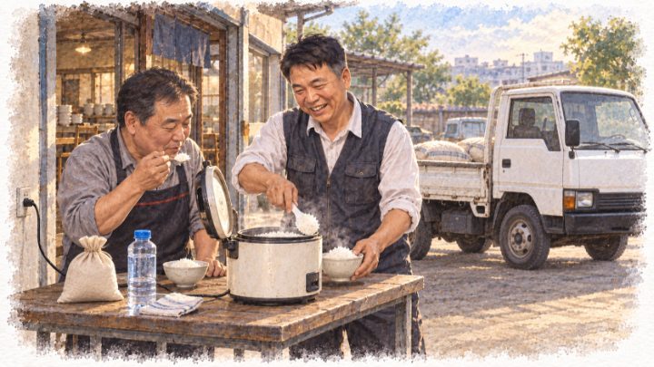 1톤 화물차로 찾아간 식당 앞에서 전기밥솥으로 지은 맨밥을 시식하게 하는 둘째 아들