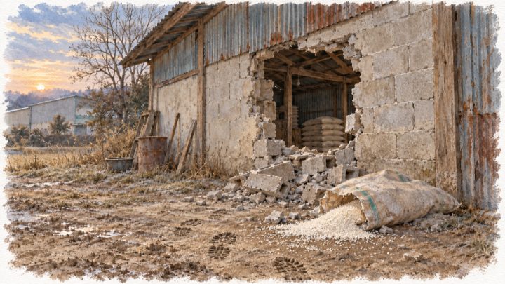 새벽 독정 정미소 창고의 뚫린 블록벽과 찢긴 쌀가마니, 흙바닥의 발자국